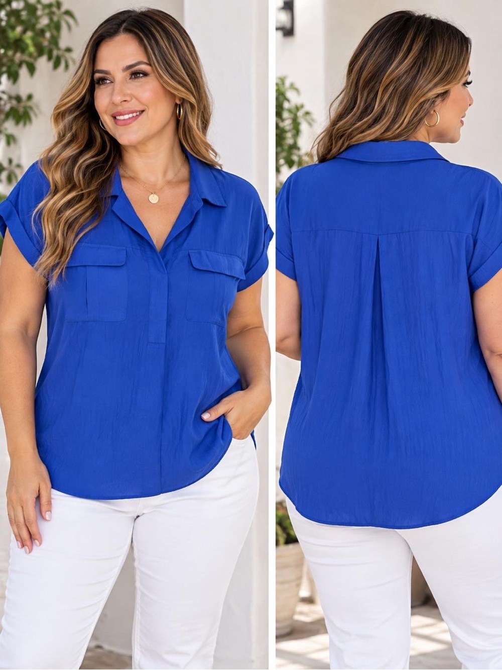 Rose & Olive Short-Sleeve Button Down Blouse - Royal Blue